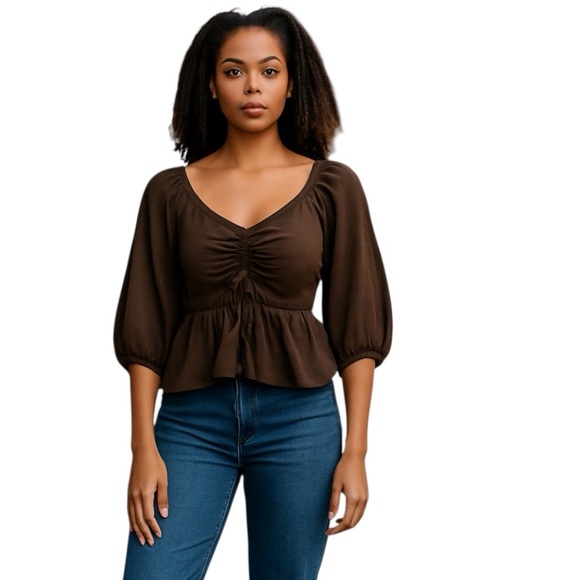 Pink Rose Tops - Pink Rose Peplum Cropped Blouse Cacao Brown S